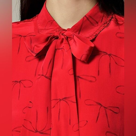 NWT J CREW Removable tie-neck button-up shirt in bow-print crepe de chine in red - Picture 3 of 5